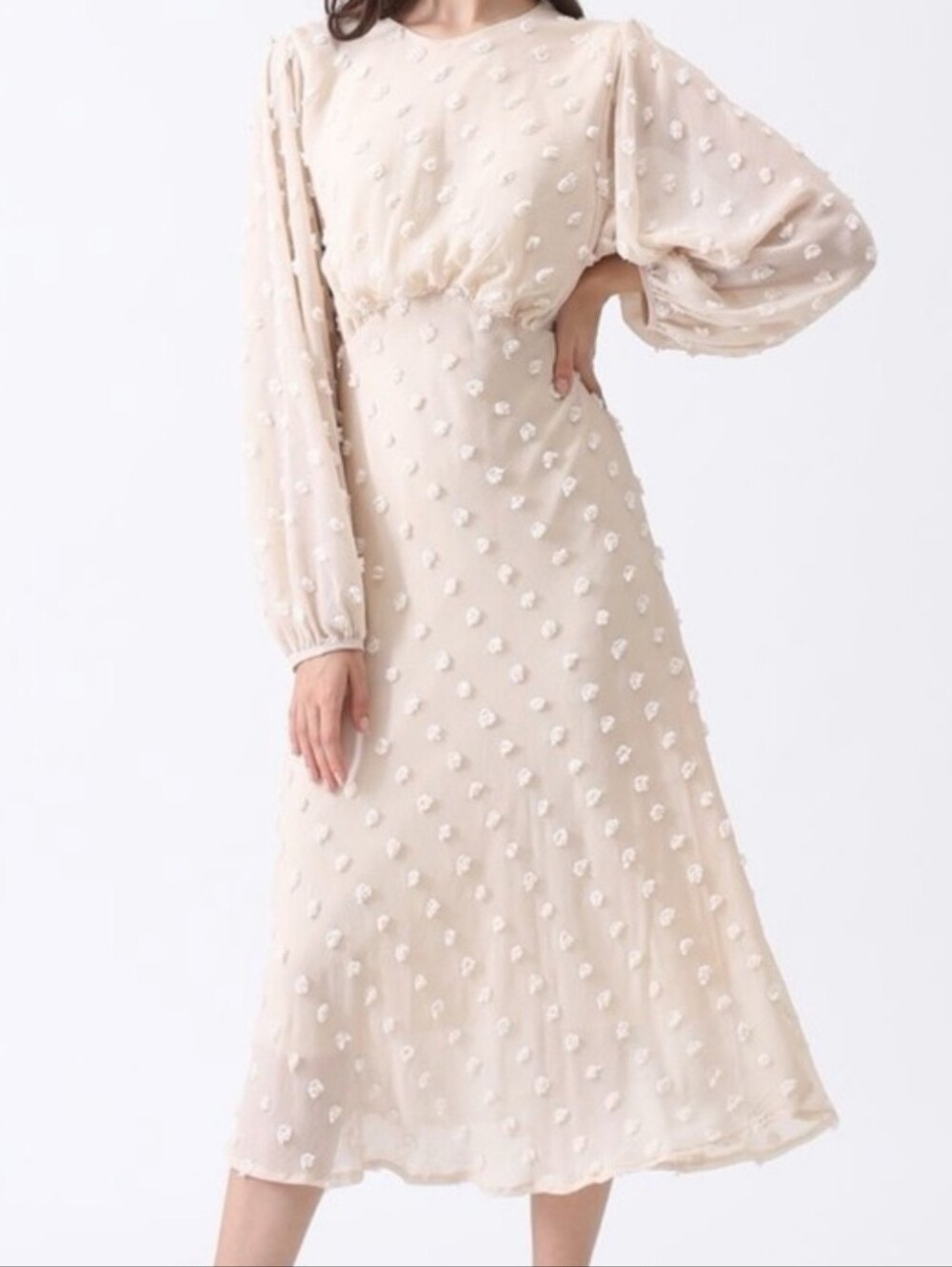 Chicwish Cream Long Sleeve Textured Midi Dress Size XS VGUC!